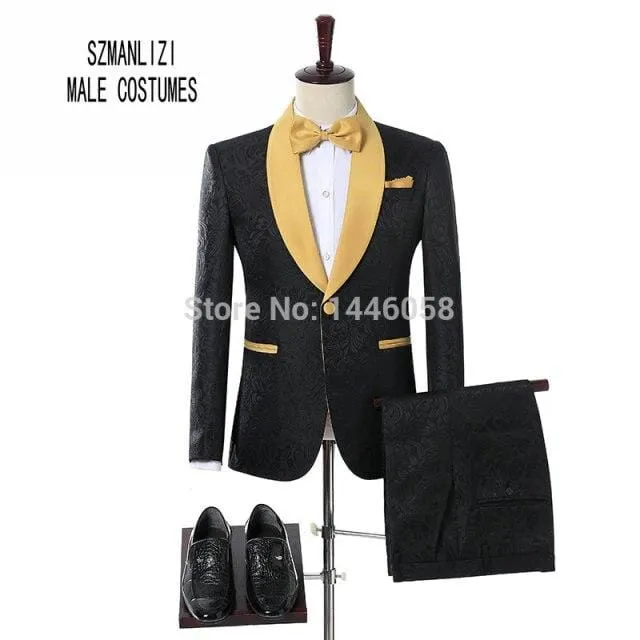 2021 Men Black Double Breasted Wedding Groom Suit With Pants Tuxedo For Men Wedding Suits Prom Best Man Suit (Jacket Pants Bow)