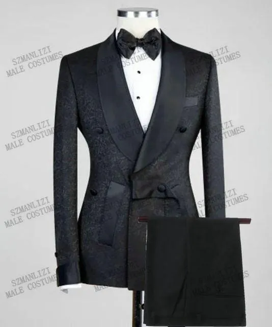 2021 Men Black Double Breasted Wedding Groom Suit With Pants Tuxedo For Men Wedding Suits Prom Best Man Suit (Jacket Pants Bow)