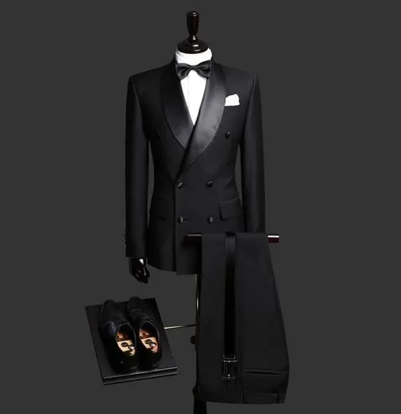 2021 Men Black Double Breasted Wedding Groom Suit With Pants Tuxedo For Men Wedding Suits Prom Best Man Suit (Jacket Pants Bow)