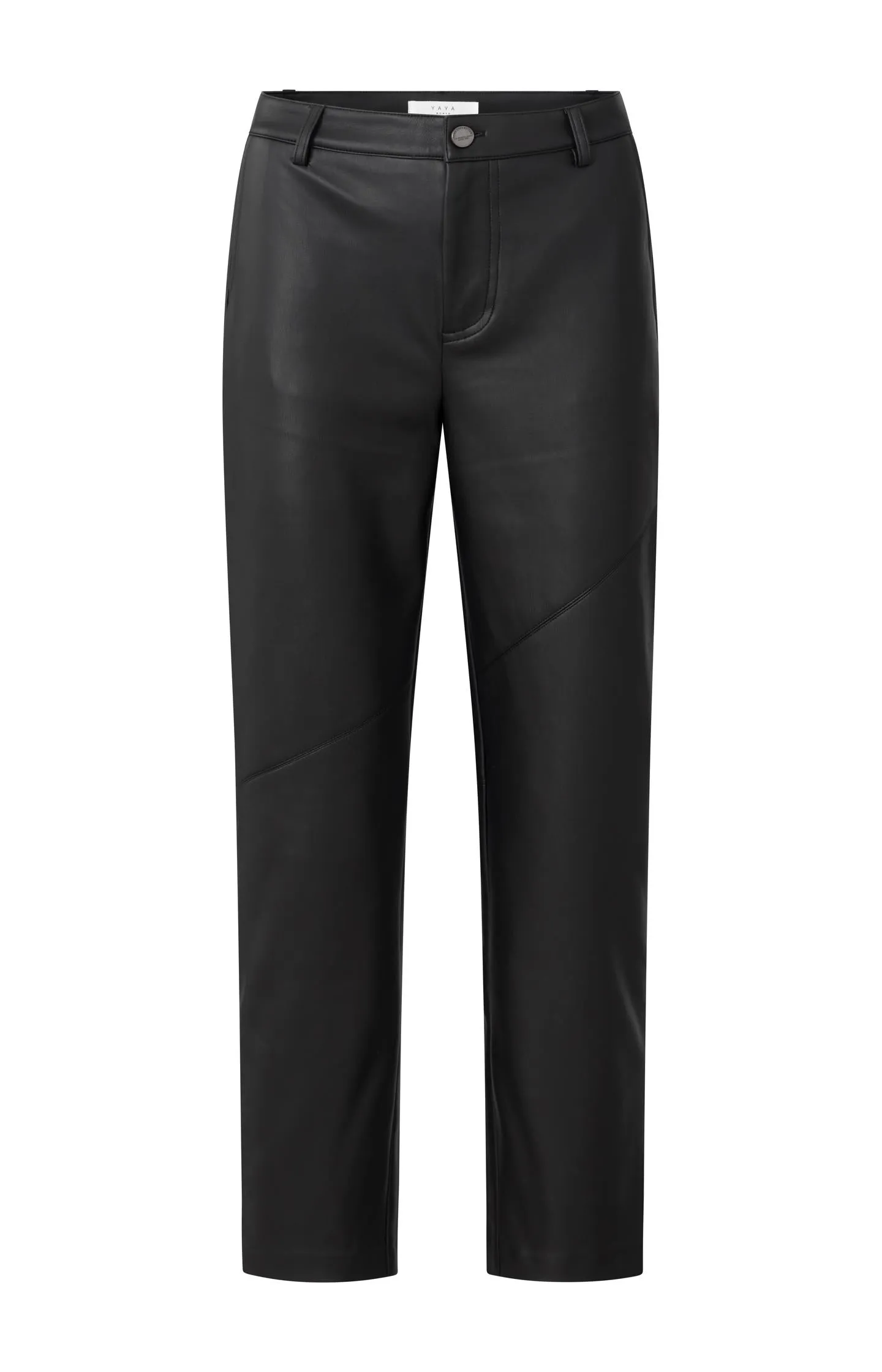 Black faux leather pants with high waist and straight legs