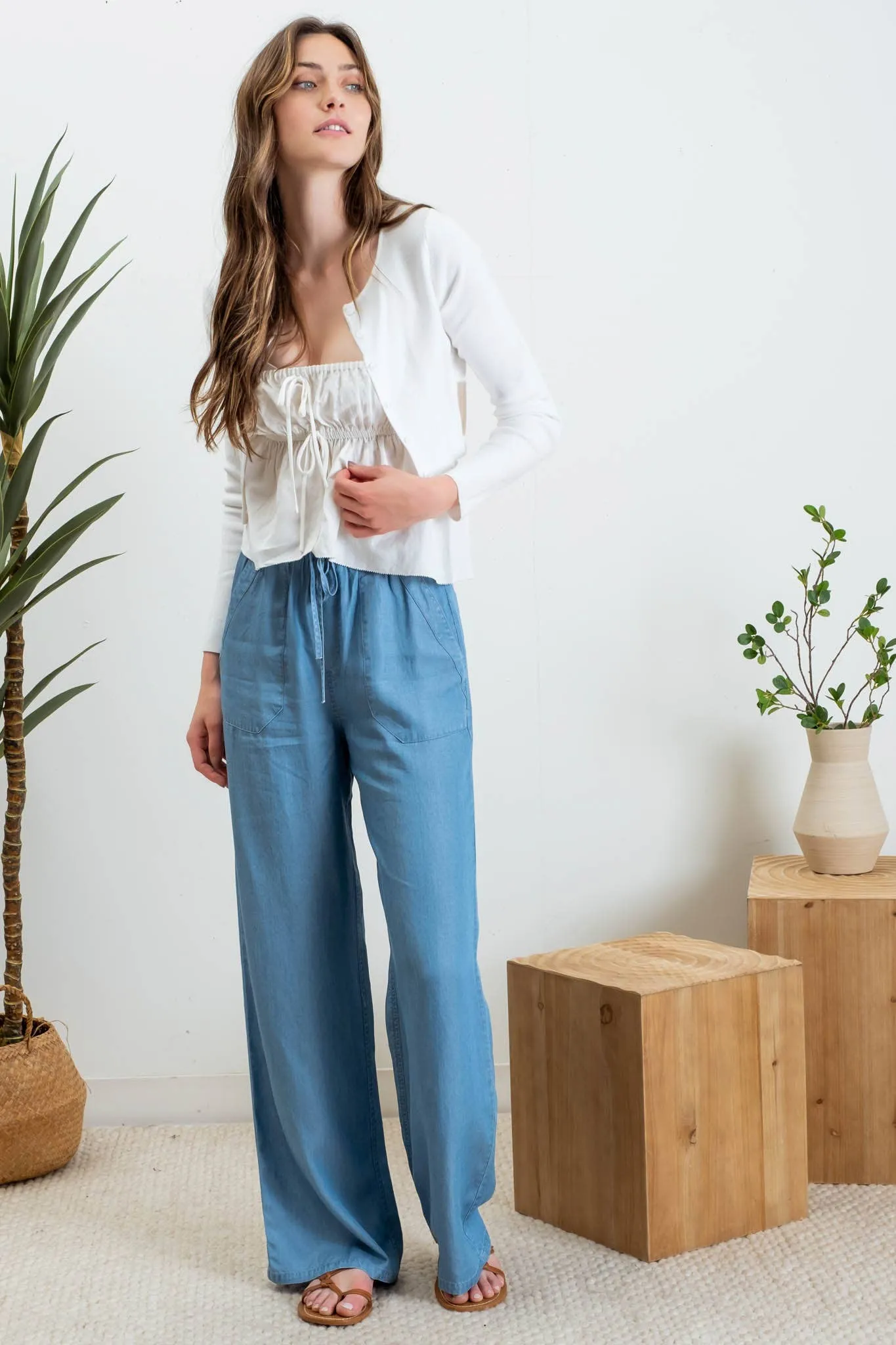 CHAMBRAY HIGH WAIST DRAWSTRING PANTS