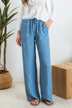 CHAMBRAY HIGH WAIST DRAWSTRING PANTS