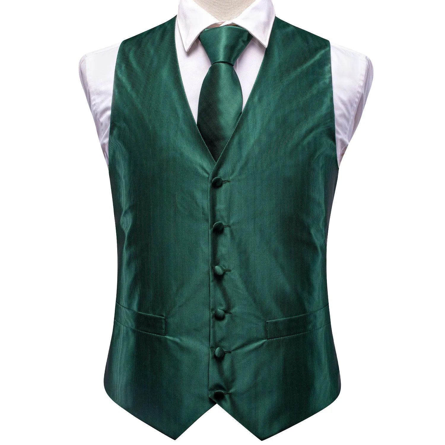 Forest Green Solid Silk Men's Vest Hanky Cufflinks Tie Set Waistcoat Suit Set