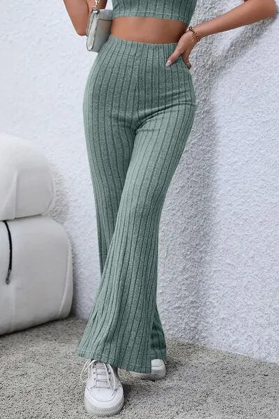 Full Size Ribbed High Waist Flare Pants