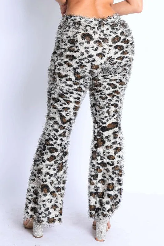 Fur leopard print bell bottom pants