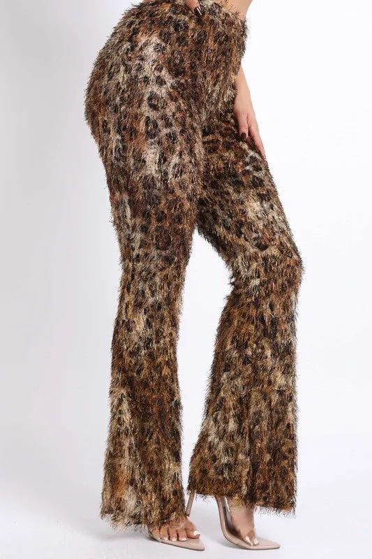 Fur leopard print bell bottom pants