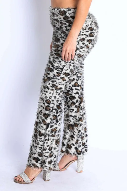 Fur leopard print bell bottom pants