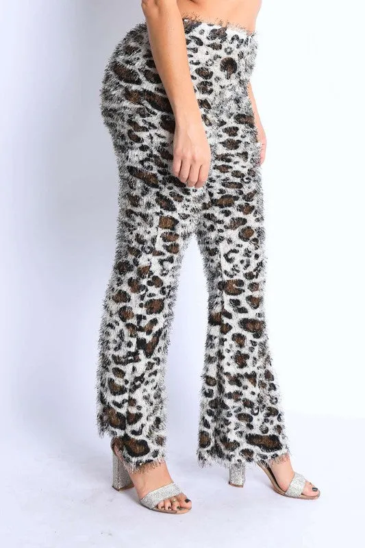 Fur leopard print bell bottom pants