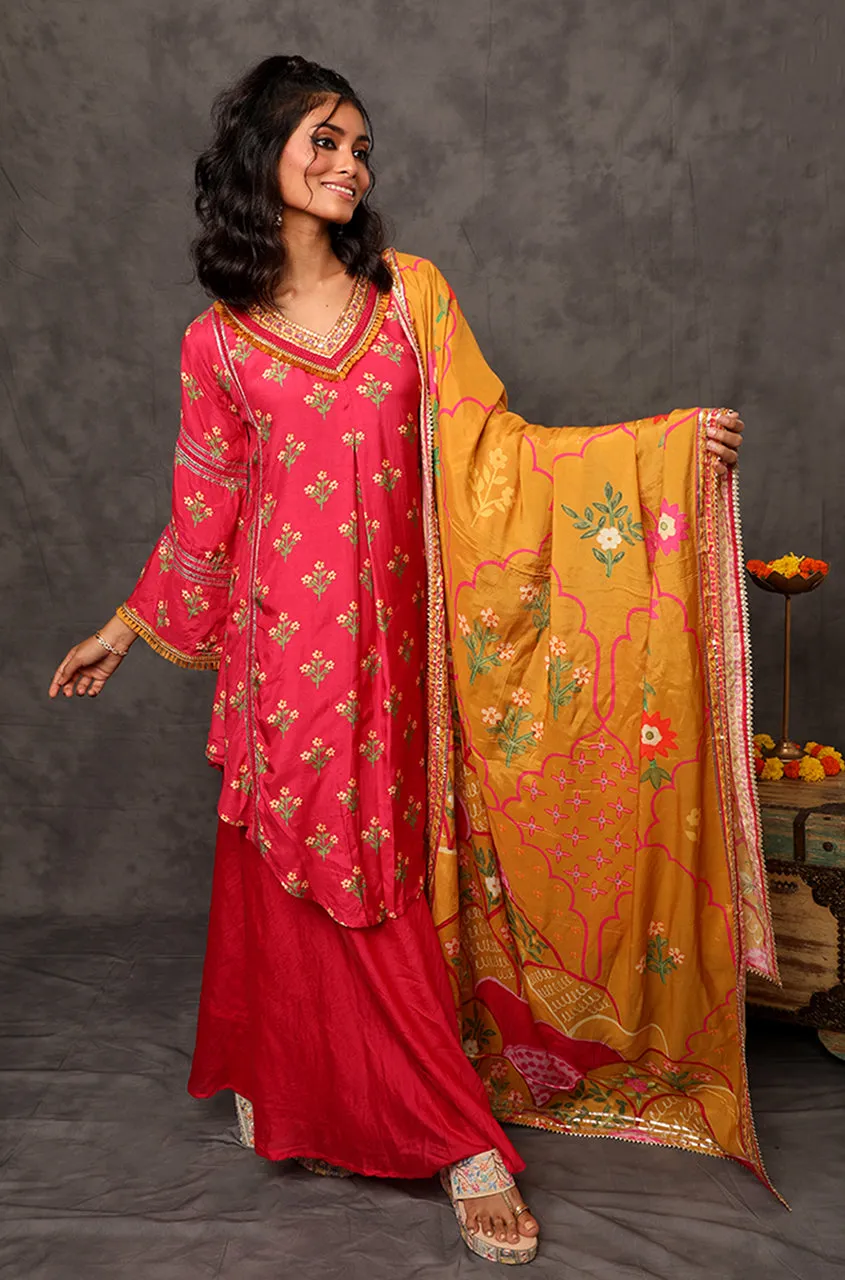 GEET- Cerise Pink Three Piece Suit Set With Printed Dupatta