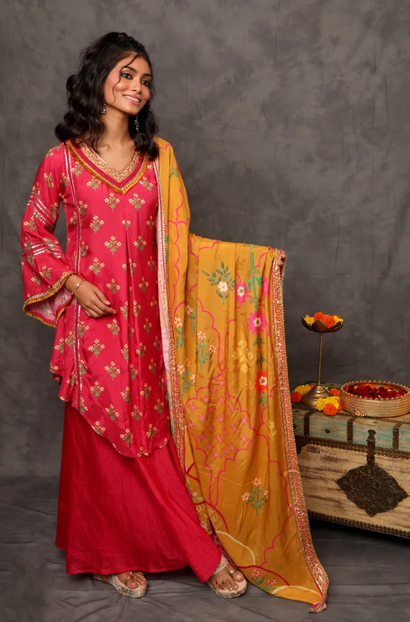 GEET- Cerise Pink Three Piece Suit Set With Printed Dupatta