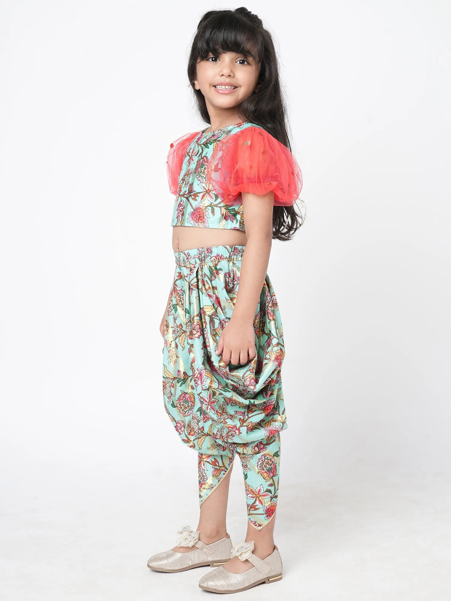 Girls Golden Weaves  Blue Crop Top With Dhoti Co-Ordinate Set - Lil Drama