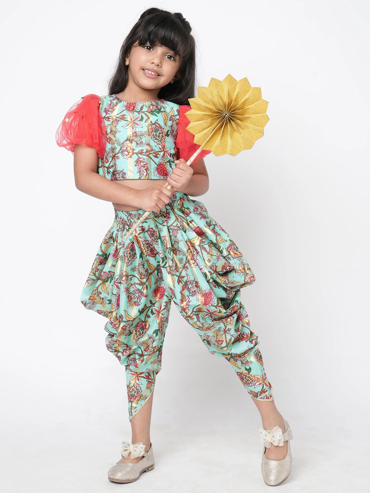 Girls Golden Weaves  Blue Crop Top With Dhoti Co-Ordinate Set - Lil Drama