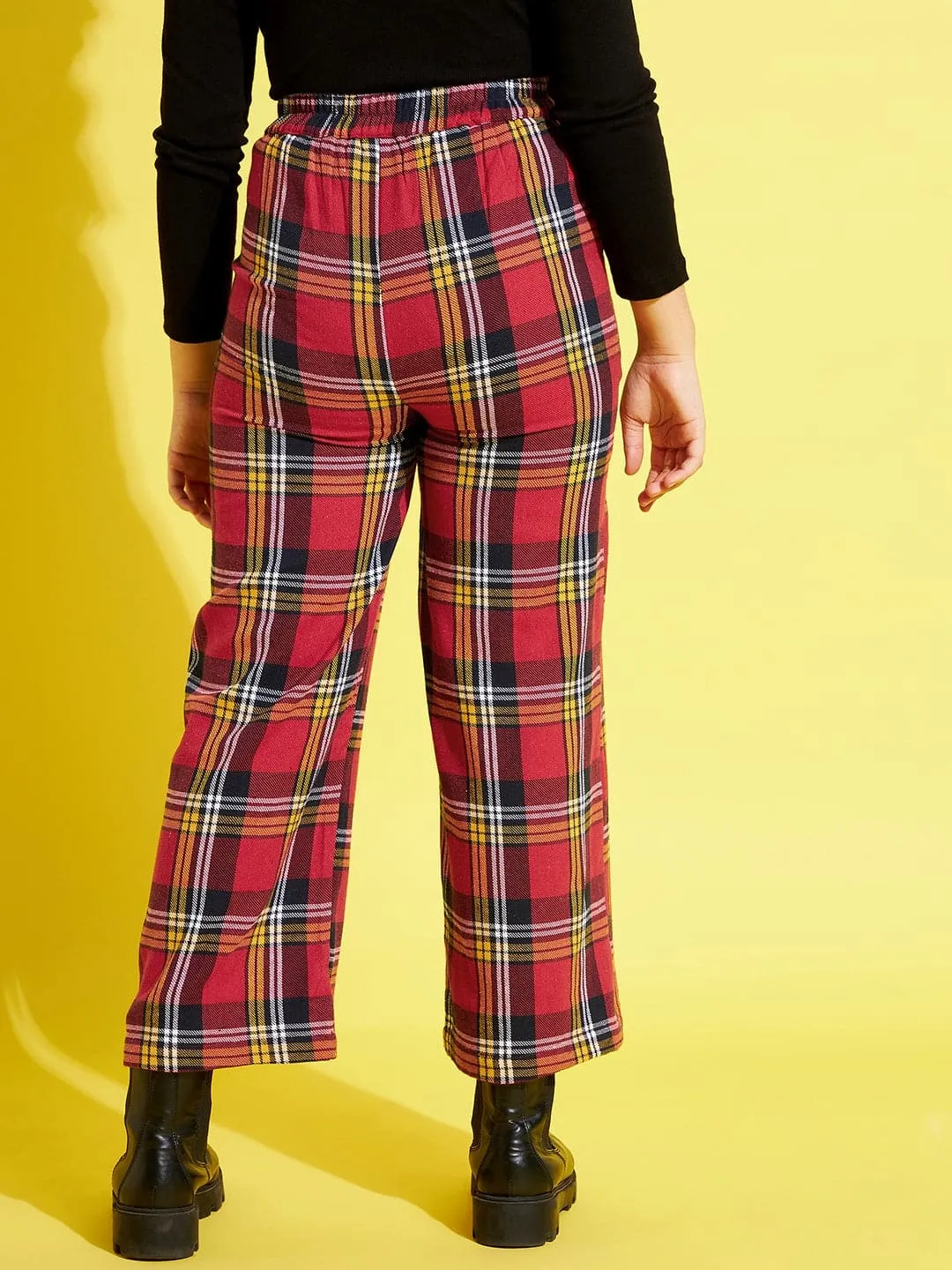 Girls Red & Yellow Check Straight Pants - Lyush Kids