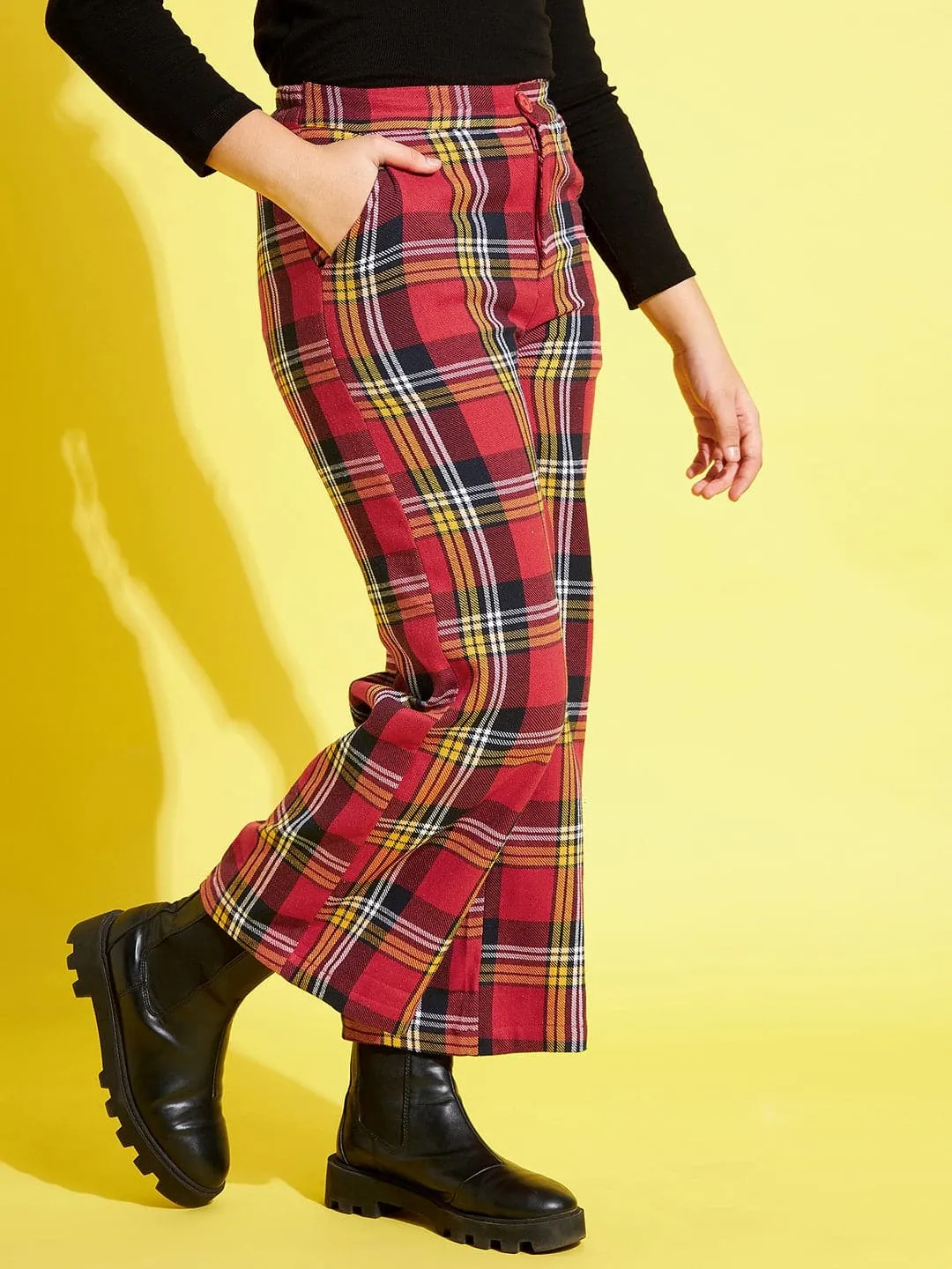 Girls Red & Yellow Check Straight Pants - Lyush Kids