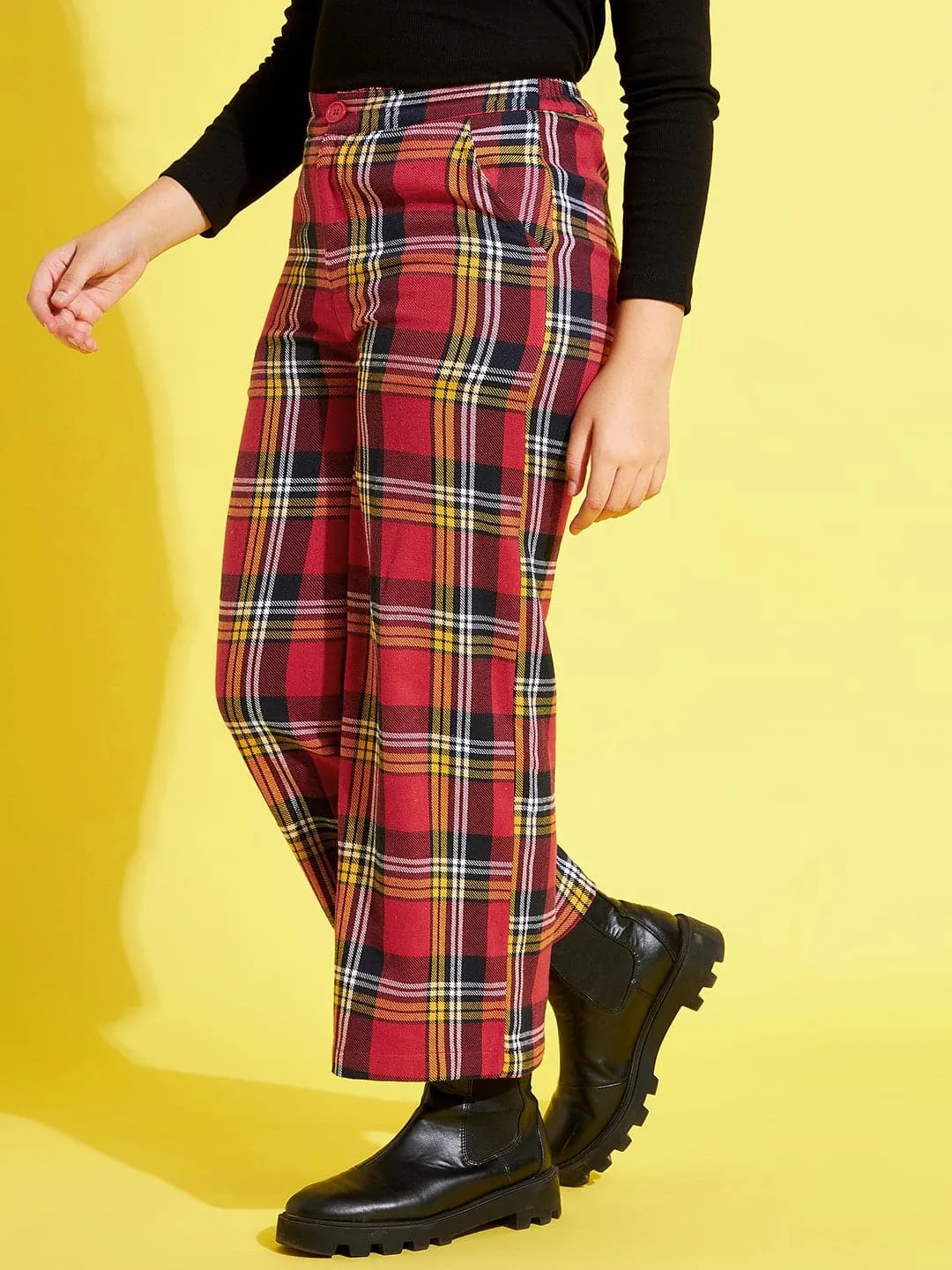 Girls Red & Yellow Check Straight Pants - Lyush Kids