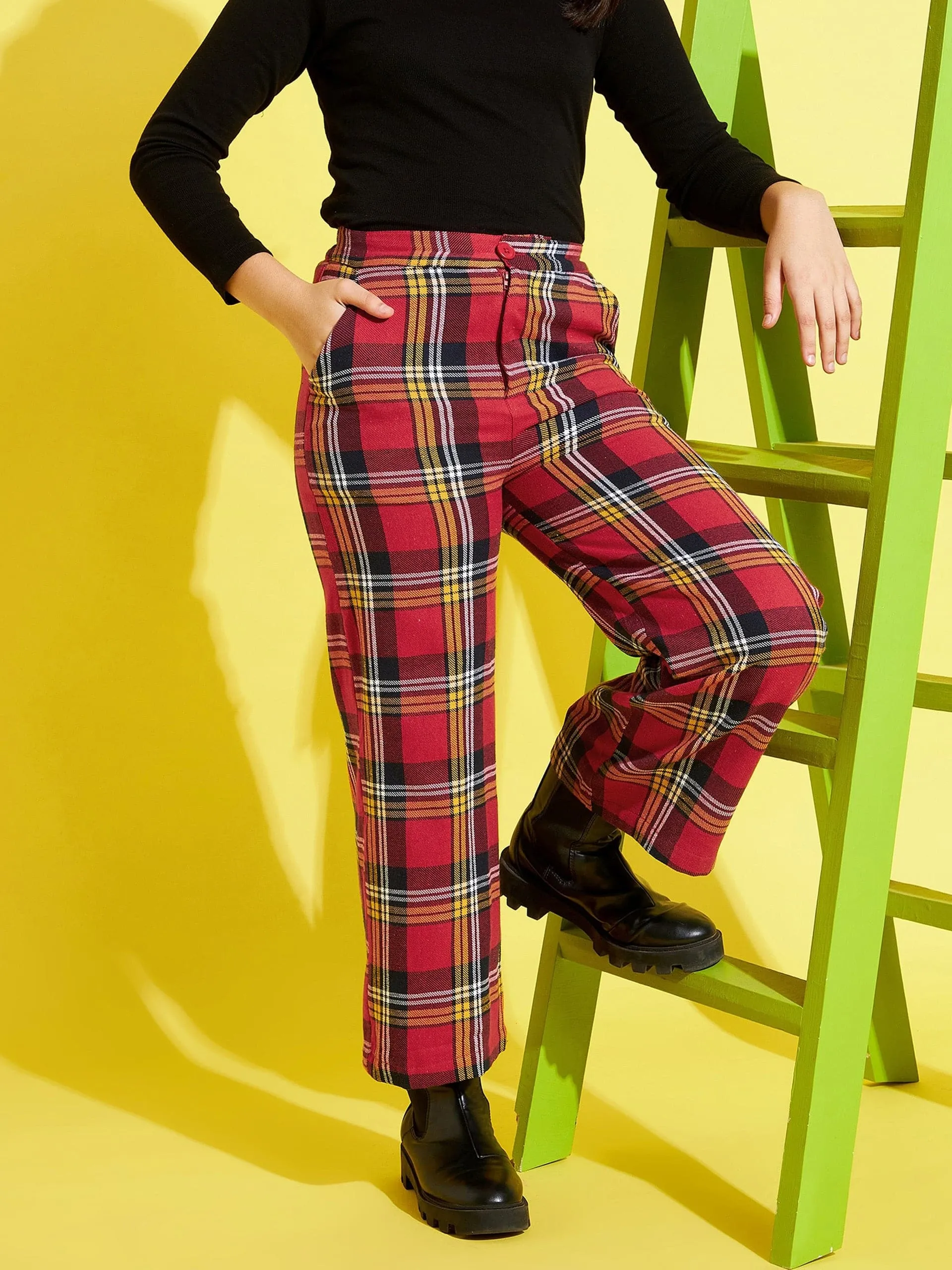 Girls Red & Yellow Check Straight Pants - Lyush Kids