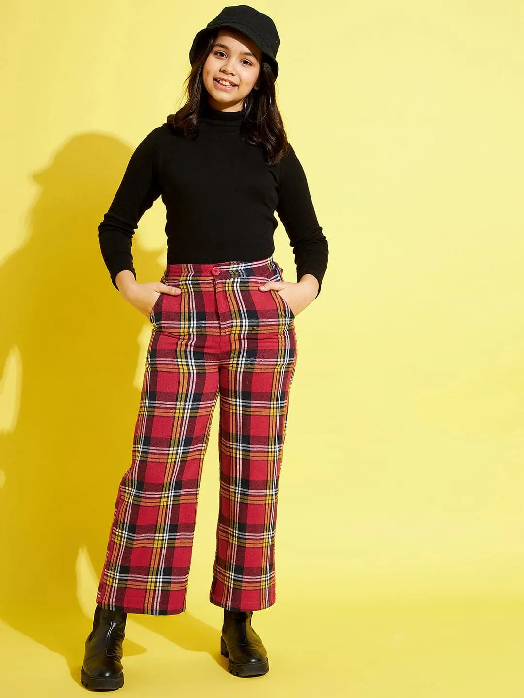 Girls Red & Yellow Check Straight Pants - Lyush Kids