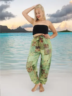 Handmade Floral Patchwork Bohemian Cotton Hippie Yoga Pants Green Tones