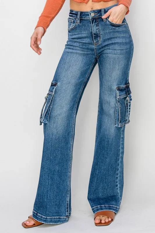 High Rise Cargo Pocket Wide Leg Jeans - Risen Jeans