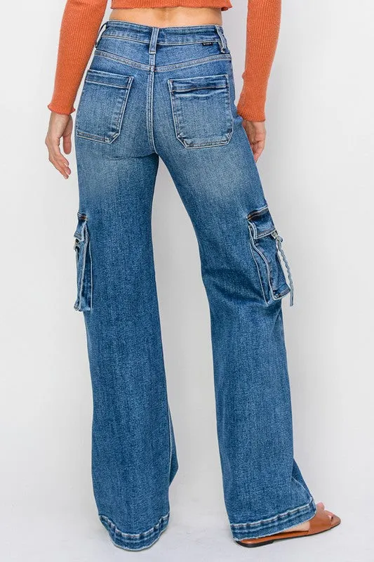 High Rise Cargo Pocket Wide Leg Jeans - Risen Jeans