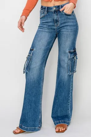 High Rise Cargo Pocket Wide Leg Jeans - Risen Jeans