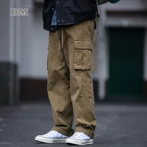 Japanese Streetwear Khaki Plus Size Cargo Pants - Casual Straight Trousers