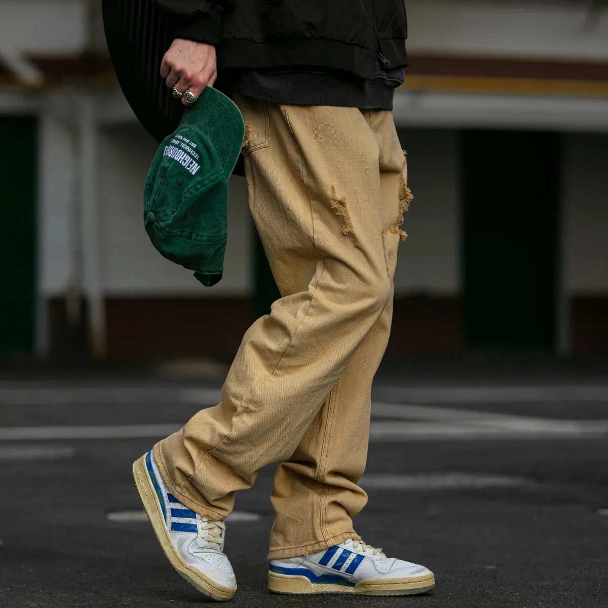 Japanese Streetwear Ripped Cargo Pants for Men - Casual Straight Dye Trousers