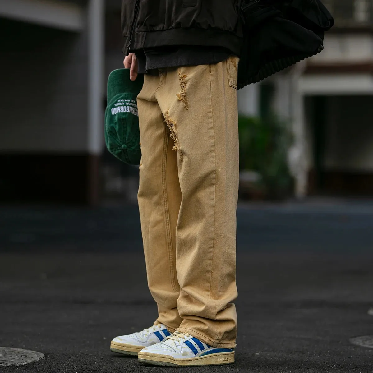 Japanese Streetwear Ripped Cargo Pants for Men - Casual Straight Dye Trousers