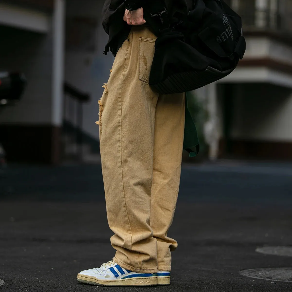 Japanese Streetwear Ripped Cargo Pants for Men - Casual Straight Dye Trousers