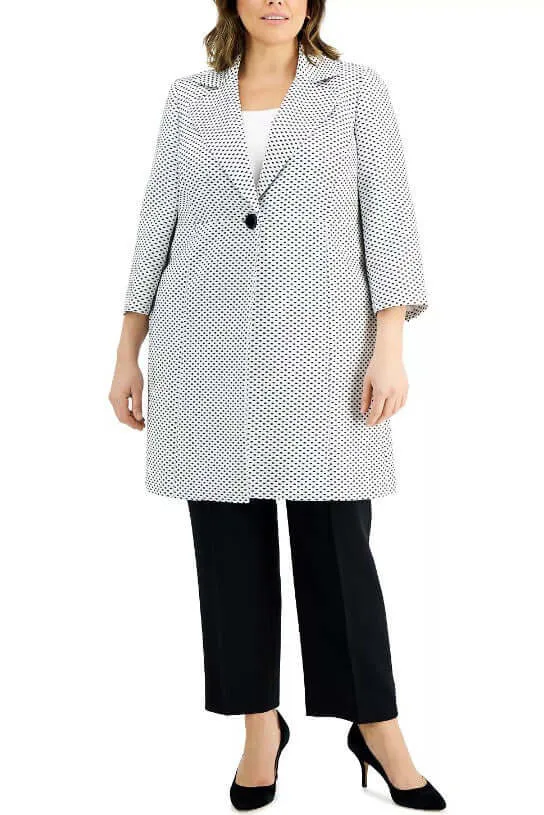 Le Suit Notched Collar Long Sleeve One Button Closure Pockets Geo Dot Jacquard Topper with Mid Waist Elastic Back Solid Pants Suit (Plus Size)