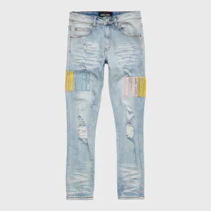 Letterman Denim Blue With Yellow, Baby Blue and Pink