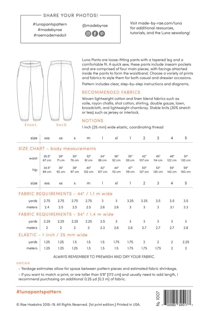 Luna Pants - Sizes XXS to 5X - Made by Rae