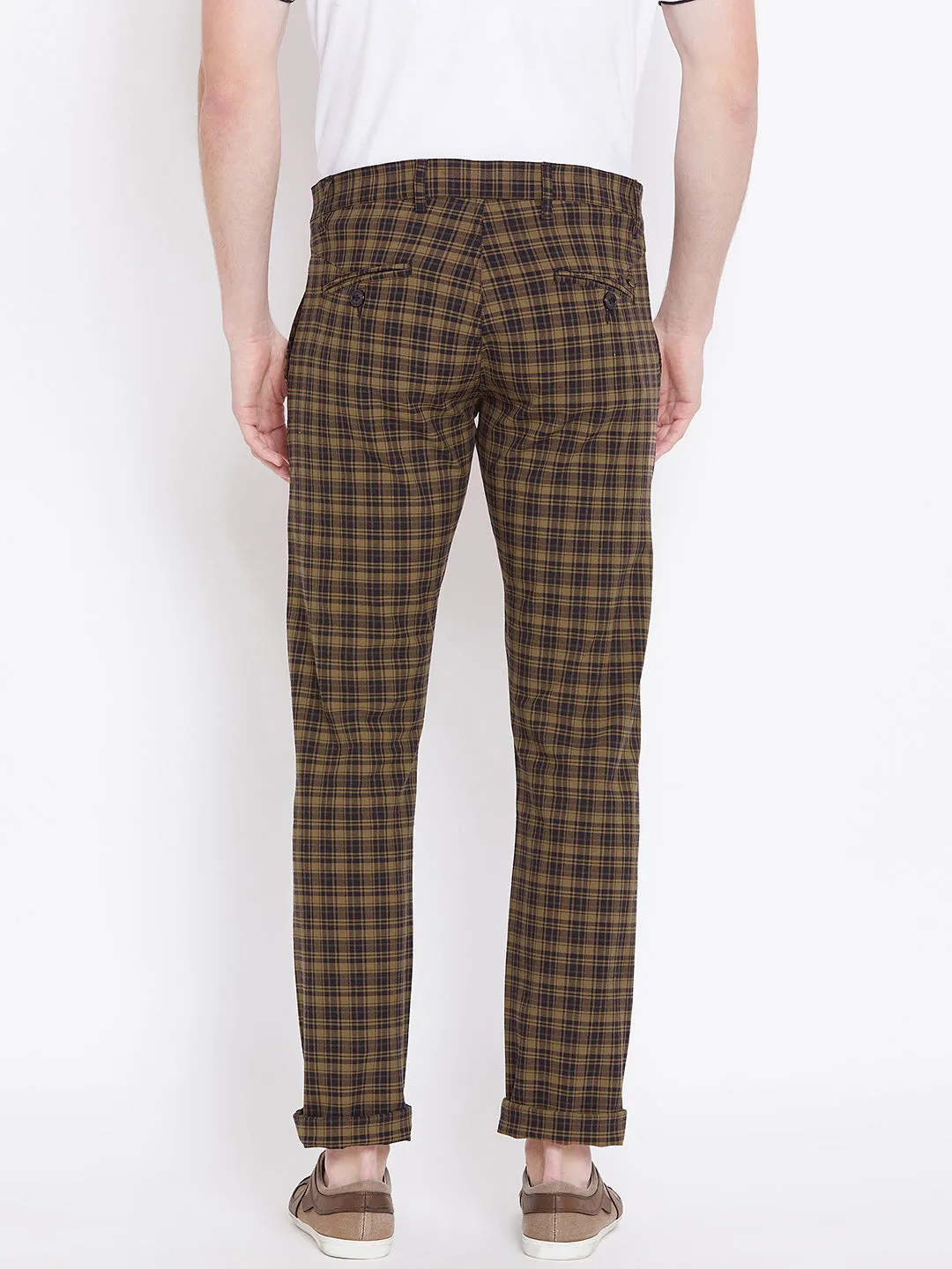 Men Brown Checked Casual Regular Fit Trousers