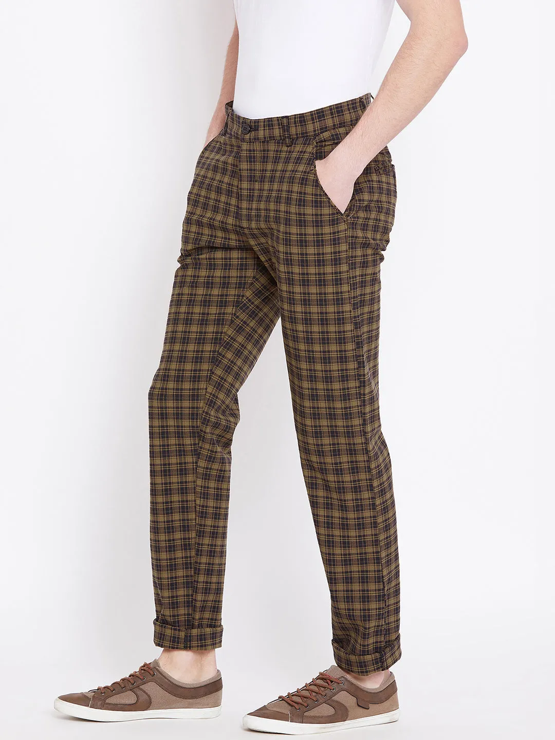 Men Brown Checked Casual Regular Fit Trousers