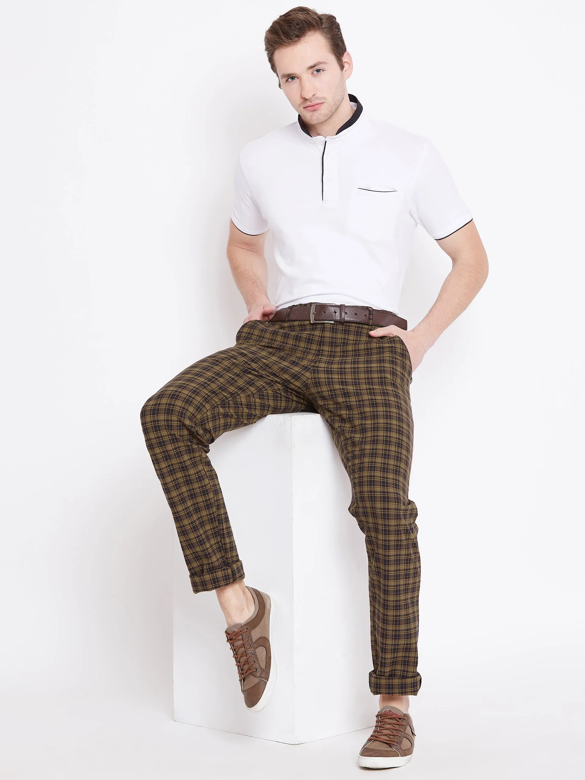 Men Brown Checked Casual Regular Fit Trousers