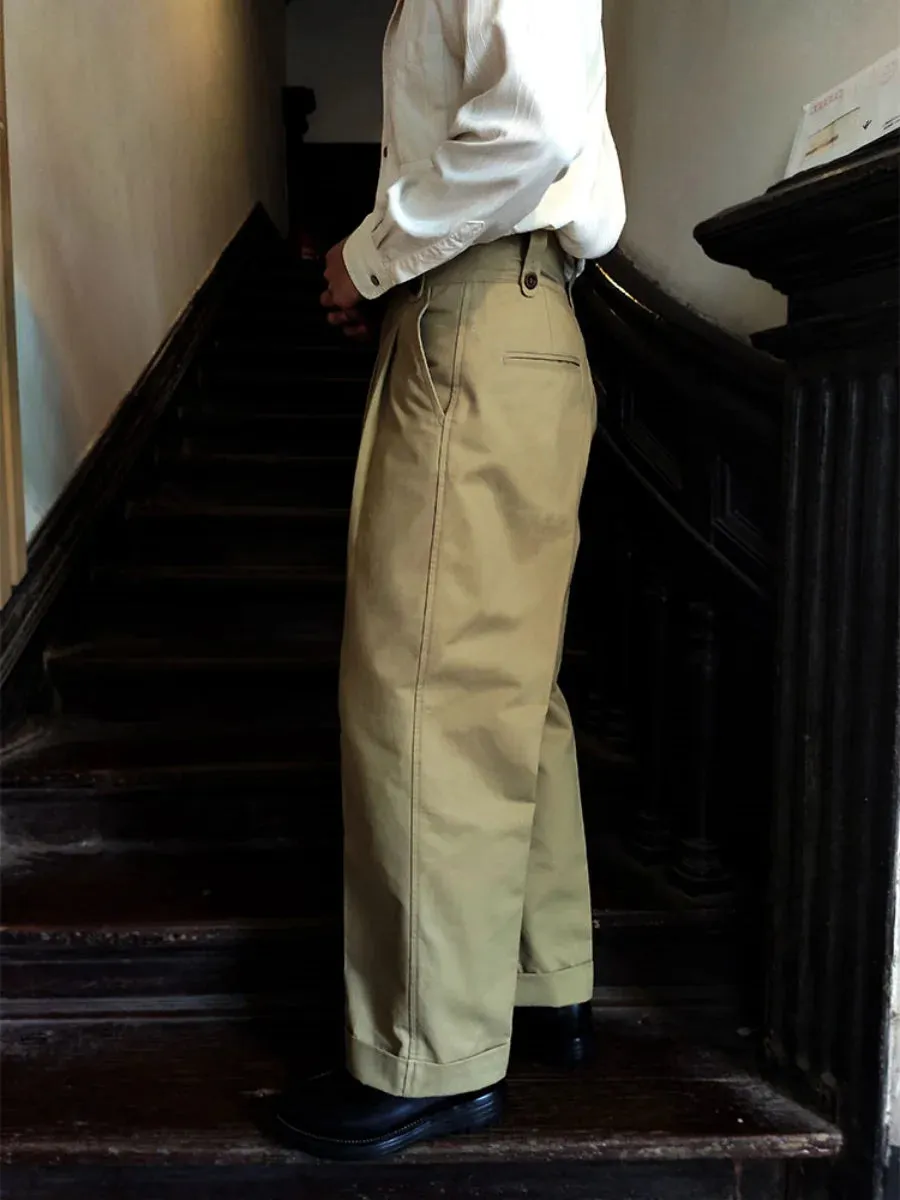 Men's Double Pleated British Army Pants - High Waist Wide Legs