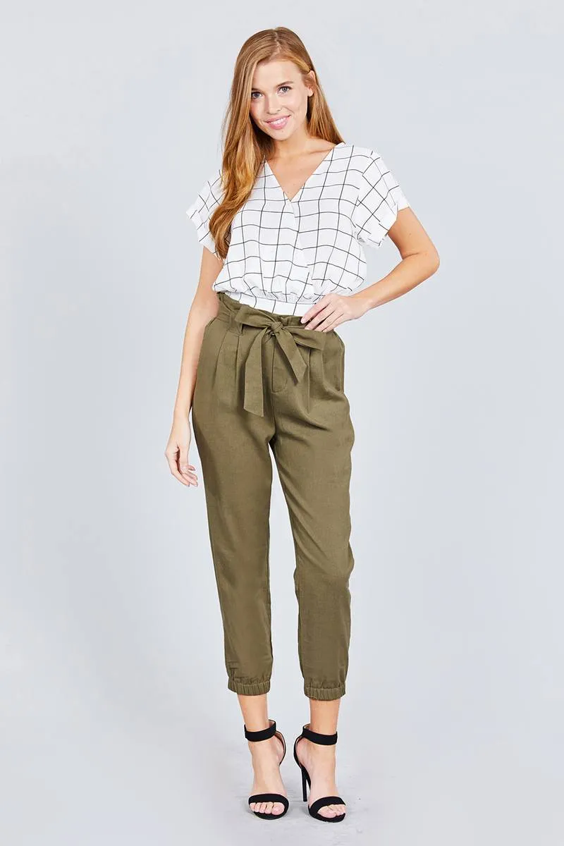 Paperbag W/bow Tie Elastic Hem Long Linen Pants - 2 colors