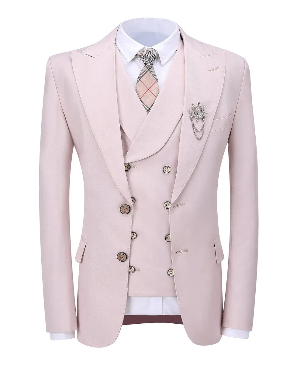 Pink Flat Peak Lapel 3 Pieces Mens Suit For Wedding (Blazer vest Pants)