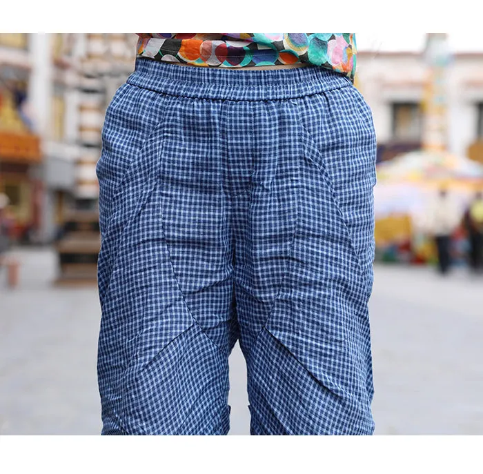 Plaid Linen Summer Autumn Women Casual Pants  SMM97236