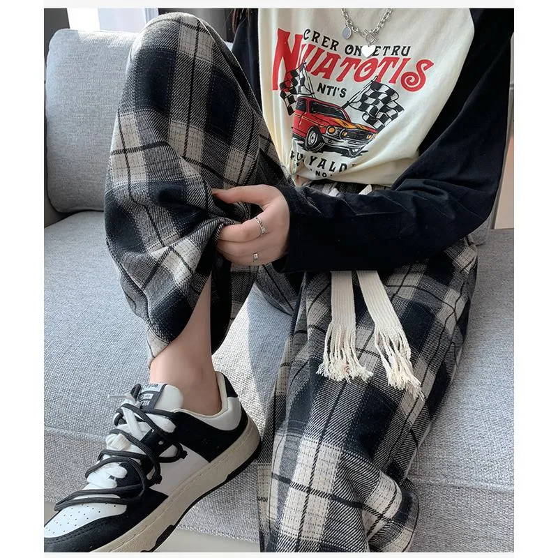 Plus Plaid Sports Loose Fit Casual Pants