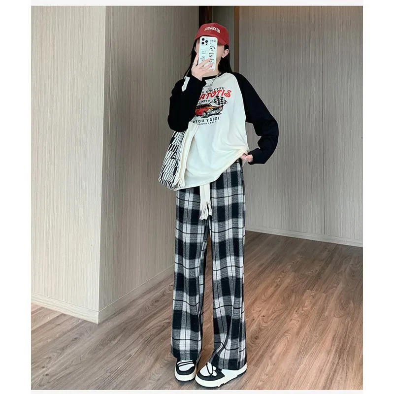 Plus Plaid Sports Loose Fit Casual Pants