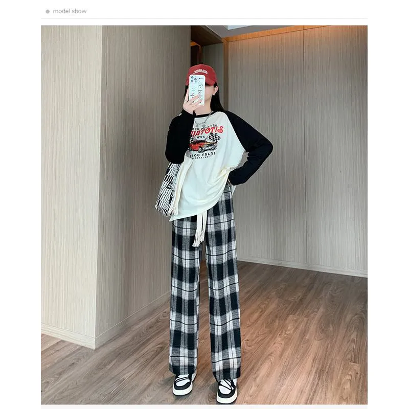 Plus Plaid Sports Loose Fit Casual Pants