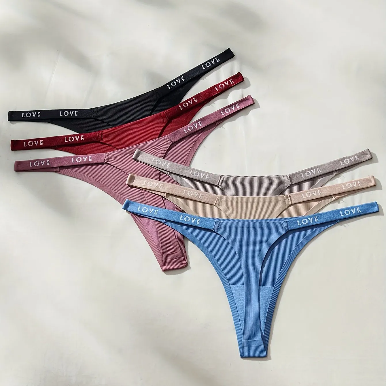 "6pcs Stylish Ribbed Low Waist Thongs - Ultimate Comfort Women's Letter Tape Underwear"