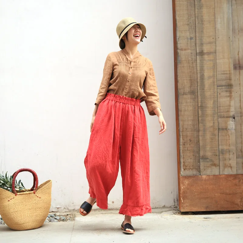 Red Wrinkle Women Casual Linen Pants Z98404