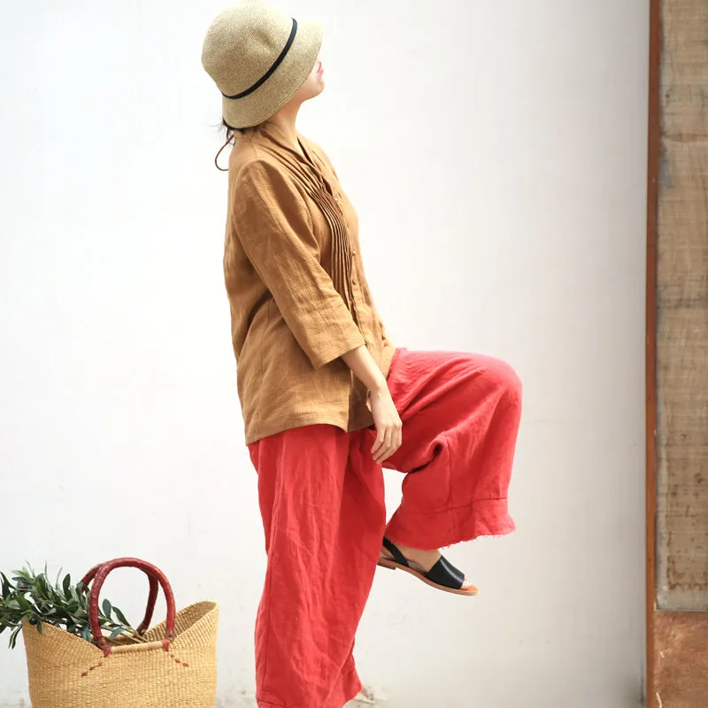 Red Wrinkle Women Casual Linen Pants Z98404