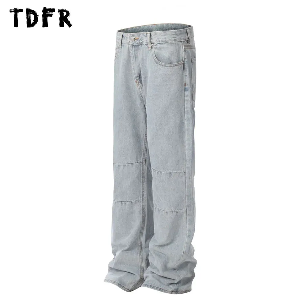 Simple Spliced Straight Jeans - Washed Distressed Streetwear Loose Denim Pants