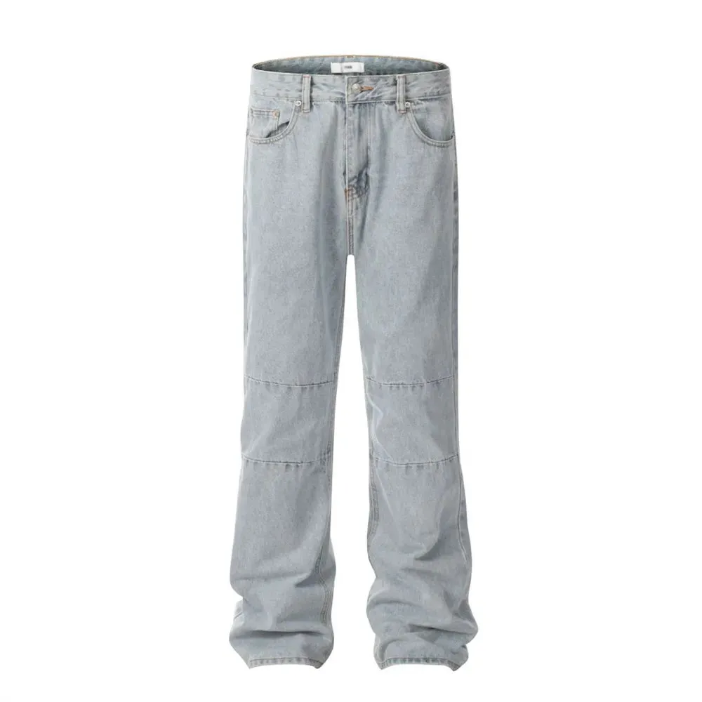 Simple Spliced Straight Jeans - Washed Distressed Streetwear Loose Denim Pants