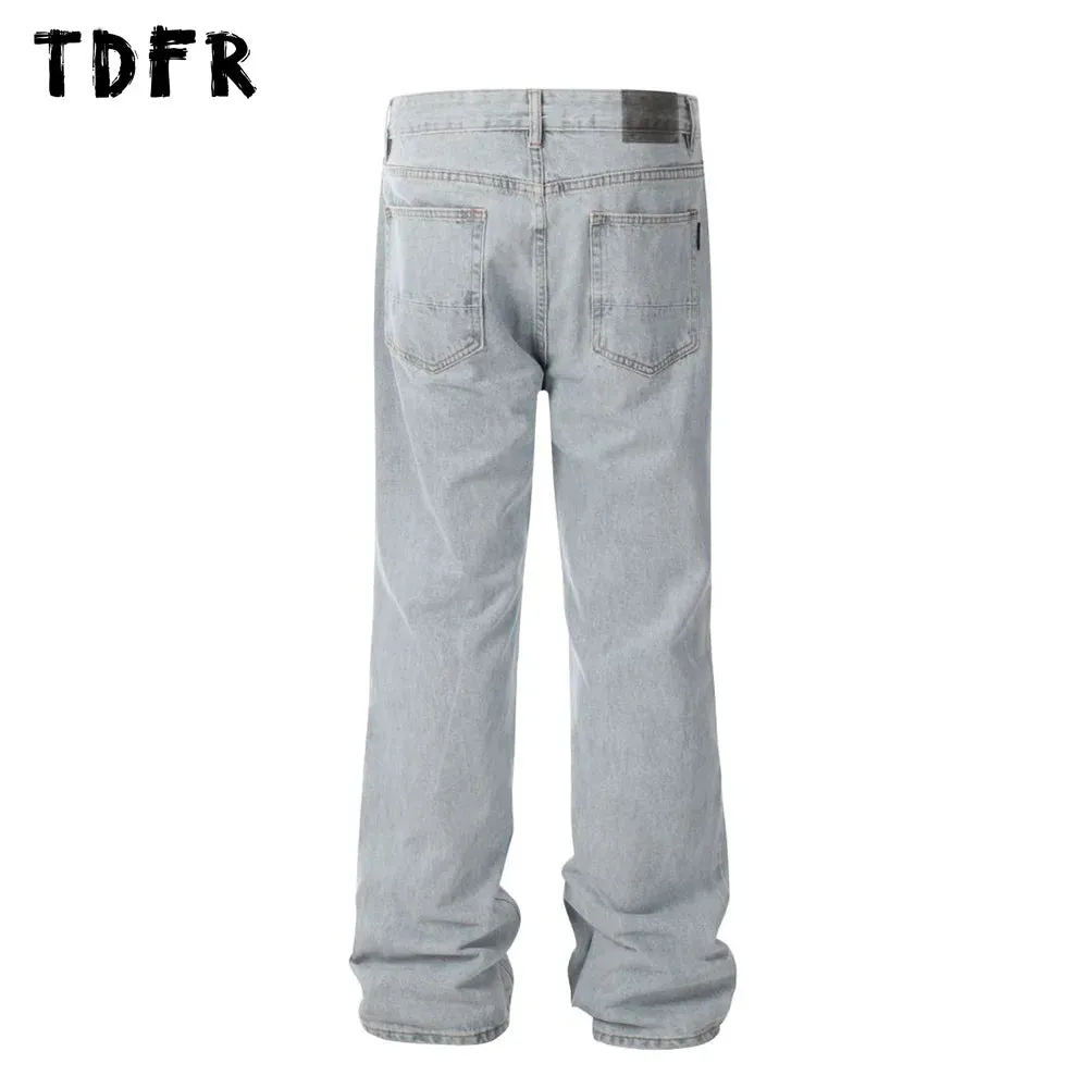 Simple Spliced Straight Jeans - Washed Distressed Streetwear Loose Denim Pants