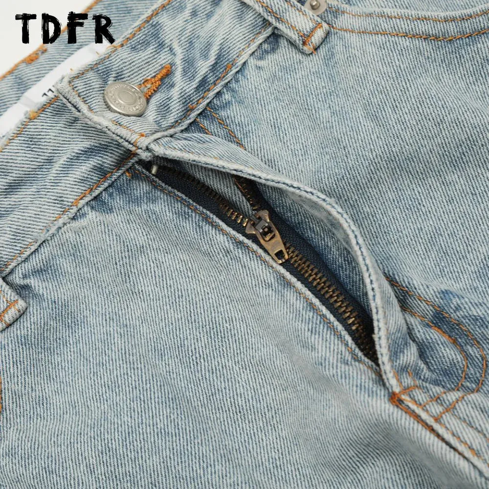 Simple Spliced Straight Jeans - Washed Distressed Streetwear Loose Denim Pants