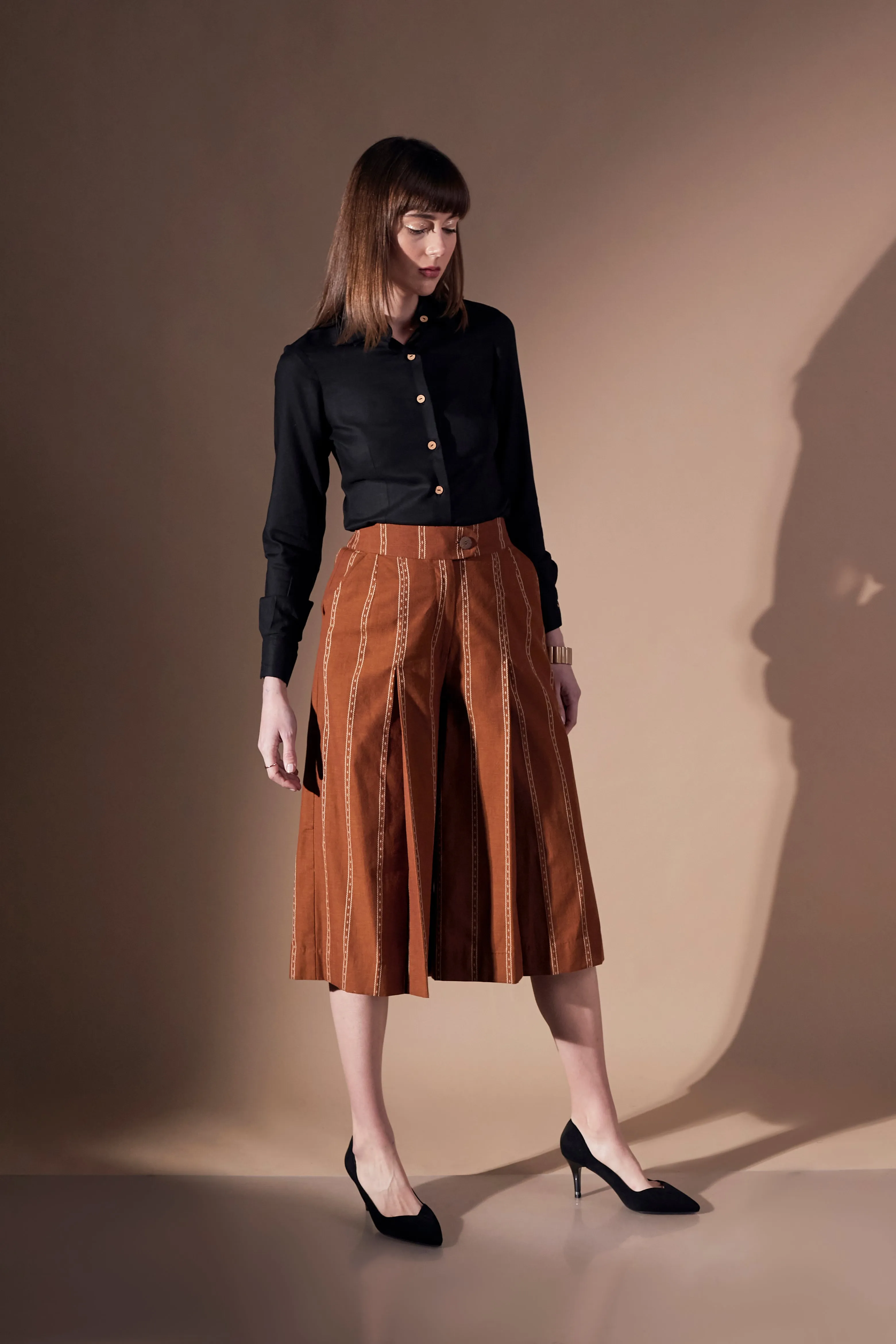 Stripe design brown pure comfortable cotton culottes